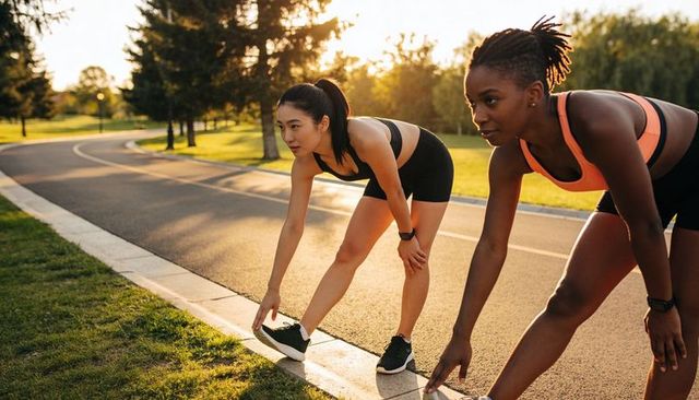 Women runners stretching on curved park path at golden hour with fitness trackers