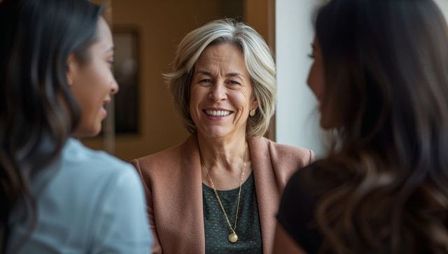 Smiling senior executive engaging colleagues during relaxed office conversation