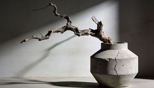 Cracked concrete vase holding twisted branch in dramatic side light and deep shadow