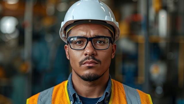 Hispanic male engineer wearing safety gear in industrial setting