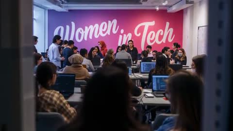 Women in Tech workshop featuring diverse group collaborating on live coding and mentorship
