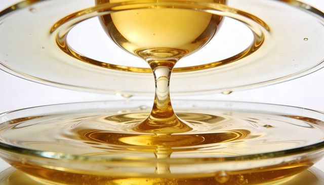 Golden honey pouring between stacked glass plates forming mirrored ripples and bubbles