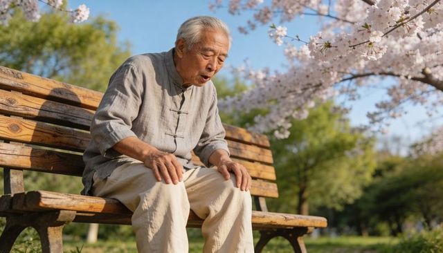 Elderly man sitting on bench enjoying spring cherry blossoms in peaceful park morning