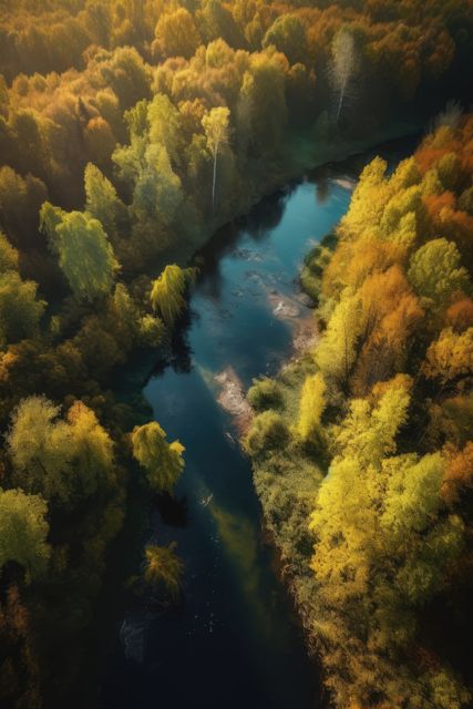 Aerial shot of river in forest, created using generative ai technology. Landscape, autumn, tranquillity and nature concept digitally generated image.
