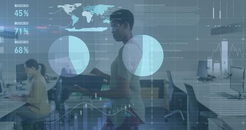 Data analytics with african american woman in modern office