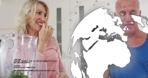 Smiling middle-aged couple sharing morning conversation in bright kitchen, globe overlay