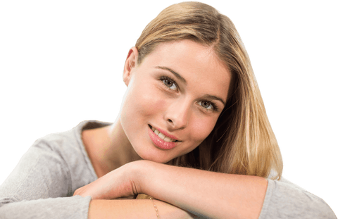 Transparent portrait of smiling blonde college student relaxing