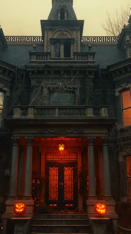 Haunted Victorian mansion glowing with flickering red light and jack-o'-lanterns vertical clip