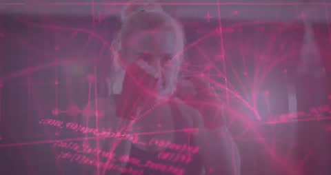 Woman Practicing Boxing with Digital Overlay of Data Analysis