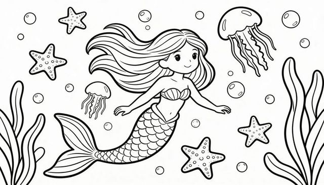 Swimming mermaid coloring page with jellyfish starfish and seaweed line art for kids