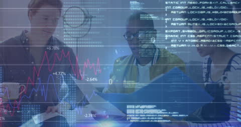 Financial Data Visualization Overlay on Diverse Teamwork Collaboration