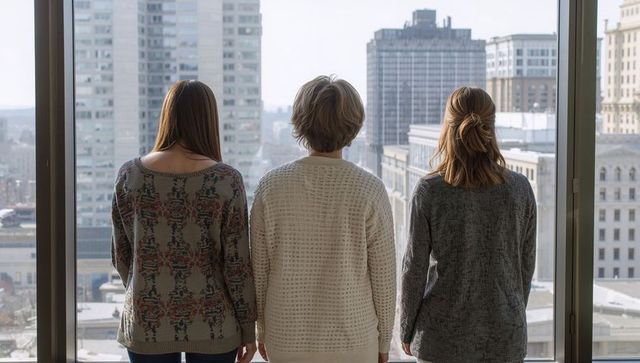 Three women standing at floor-to-ceiling window gazing over urban skyline, back view