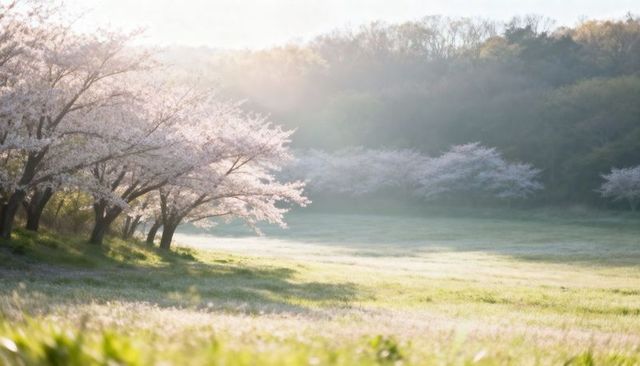 Sunrise Cherry Blossom Meadow with Misty Pastel Backlight