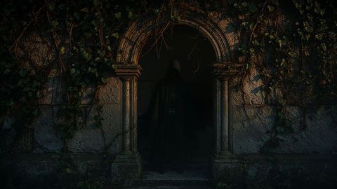 Cloaked Figure at Ivy-clad Stone Archway Entering Mystery