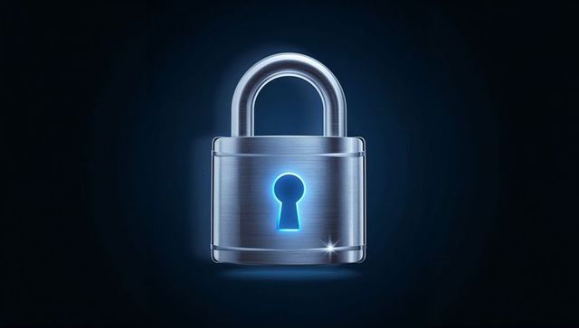 Gleaming Brushed Steel Padlock with Cyan Keyhole Glow Representing Cybersecurity
