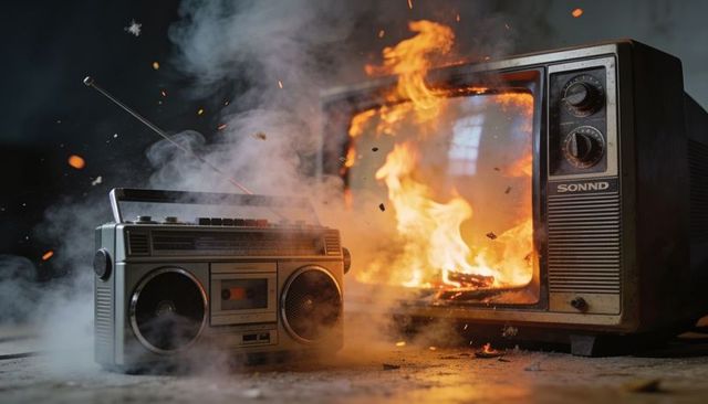Burning vintage crt television engulfing retro boombox with smoke, embers, dramatic flame