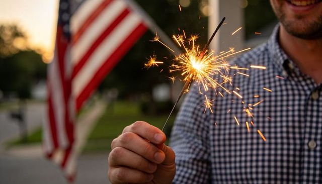Man holding lit sparkler with american flag at dusk celebrating summer patriotic gathering
