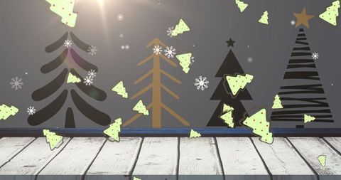 Festive Falling Snowflakes and Trees in Minimalist Christmas Scene