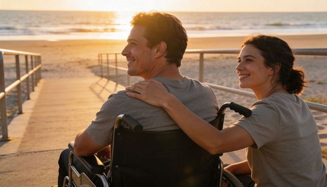 Couple enjoying beach sunset while wheelchair user watching ocean from accessible ramp