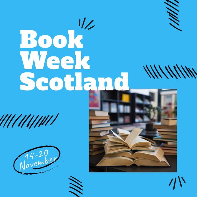 Bright and engaging promotional poster for Book Week Scotland featuring a stack of books and an open book in a library setting. Ideal for advertising book-related events, reading campaigns, and educational programs celebrating literacy. Perfect for use in schools, libraries, and community centers to create awareness and participation in Book Week Scotland.