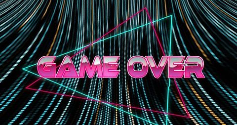 Digital game over text with retro neon grid pattern