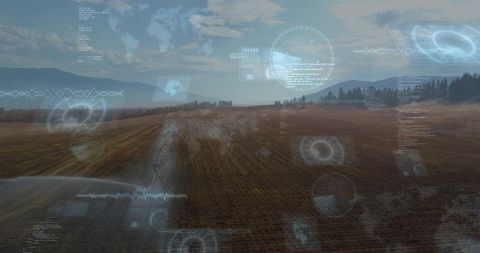 Plowed Field with Holographic Agritech HUD Overlay Monitoring Geospatial Mapping, Crop Data