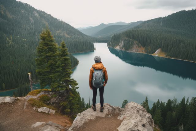 A woman stands on a rocky edge, looking out at a calm lake surrounded by mountains and dense forest. She is hiking and wearing a backpack, dressed for cooler weather. This image is ideal for promoting outdoor activities, adventure tourism, hiking gear, travel blogs, and nature conservation.