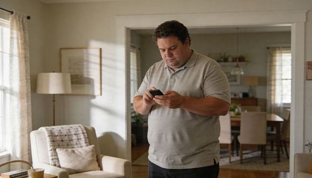 Middle-aged man checking smartphone in bright neutral living room wearing casual polo