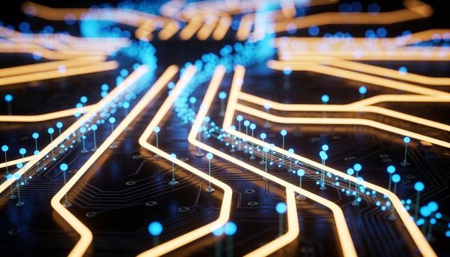 Glowing gold circuit traces with blue node lights on black PCB macro futuristic concept
