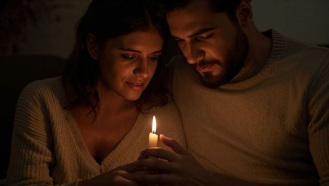 Couple holding lit candle on dim sofa sharing intimate warm glow and cozy knit sweaters