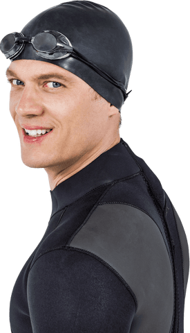 Transparent confident swimmer wearing black wetsuit and goggles