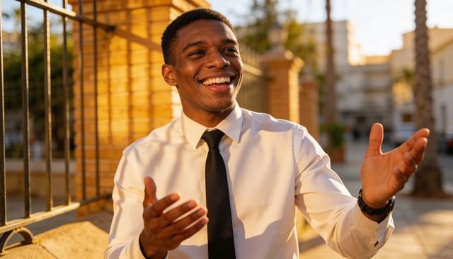 Smiling professional man gesturing and speaking on sunlit urban sidewalk at golden hour