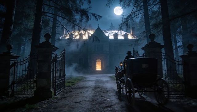 Moonlight bathing victorian manor while horse-drawn carriage approaching ornate gate