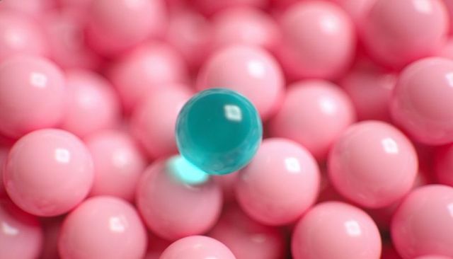 Teal sphere floating above glossy pink spheres - pastel macro abstract composition