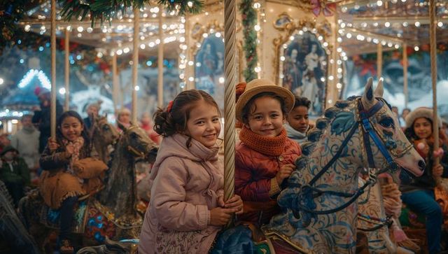 Children enjoying holiday carousel with festive lights