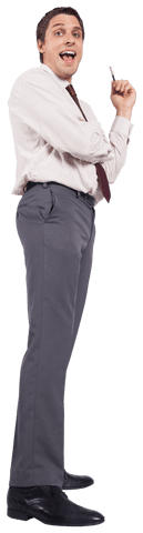 Surprised caucasian businessman holding pen on transparent background