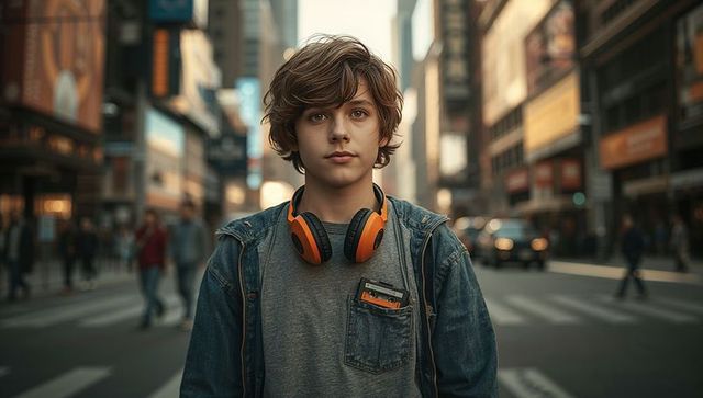 Teen boy in denim jacket with headphones in urban crosswalk