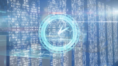 Futuristic Clock Overlay on Digital Data Streams