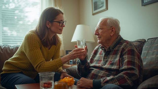 Caring Daughter Assisting Elderly Father in Cozy Living Room