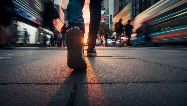 Low-angle urban sunset pedestrian walking showing sneaker sole on busy city street motion blur