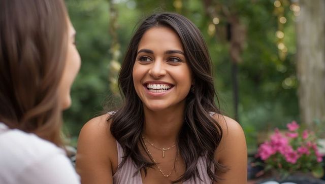 Two Women Engaging in Lively Conversation on Garden Patio