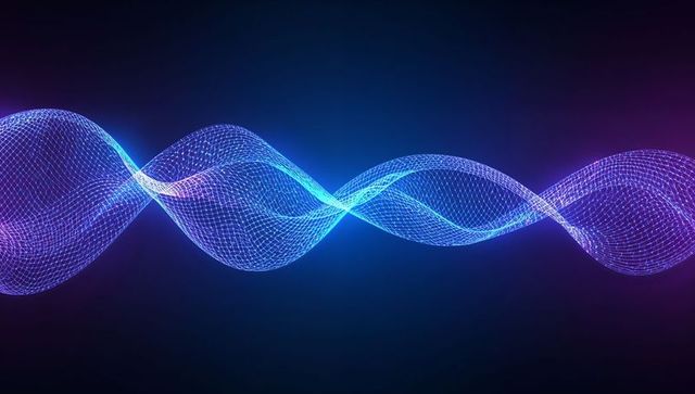 Futuristic Neon Wireframe Twisting Waves on Dark Background