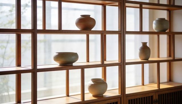 Minimal wooden grid shelving displaying ceramic vases and pottery in warm daylight