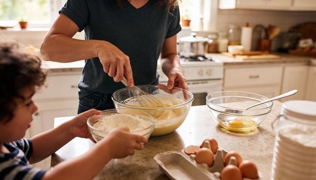 Whisking batter while child helps in sunlit home kitchen, family baking together