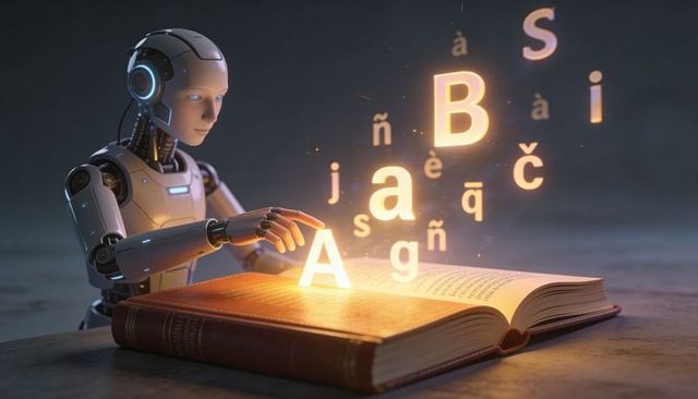 Humanoid robot touching glowing letters above leather book, ai learning and digital literacy