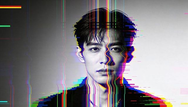 Chromatic glitch portrait of asian man with vertical rgb distortion and monochrome style
