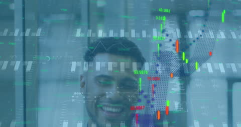 Smiling Businessman Amidst Digital Financial Interface