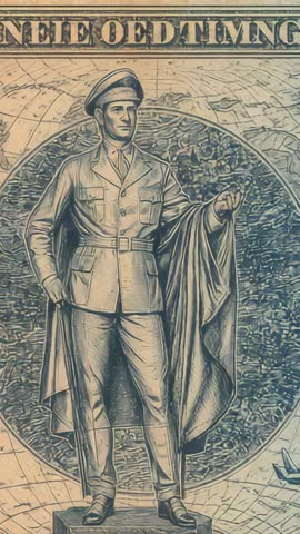 Vertical video showing uniformed officer statue holding cloak against banknote world map engraving