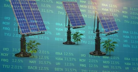 Solar Panels And Stock Market Data Symbolizing Renewable Energy Investment