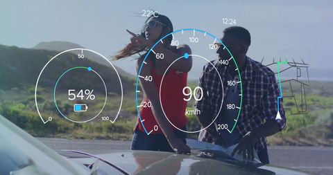 Road Trip Adventure with Futuristic Dashboard Overlay